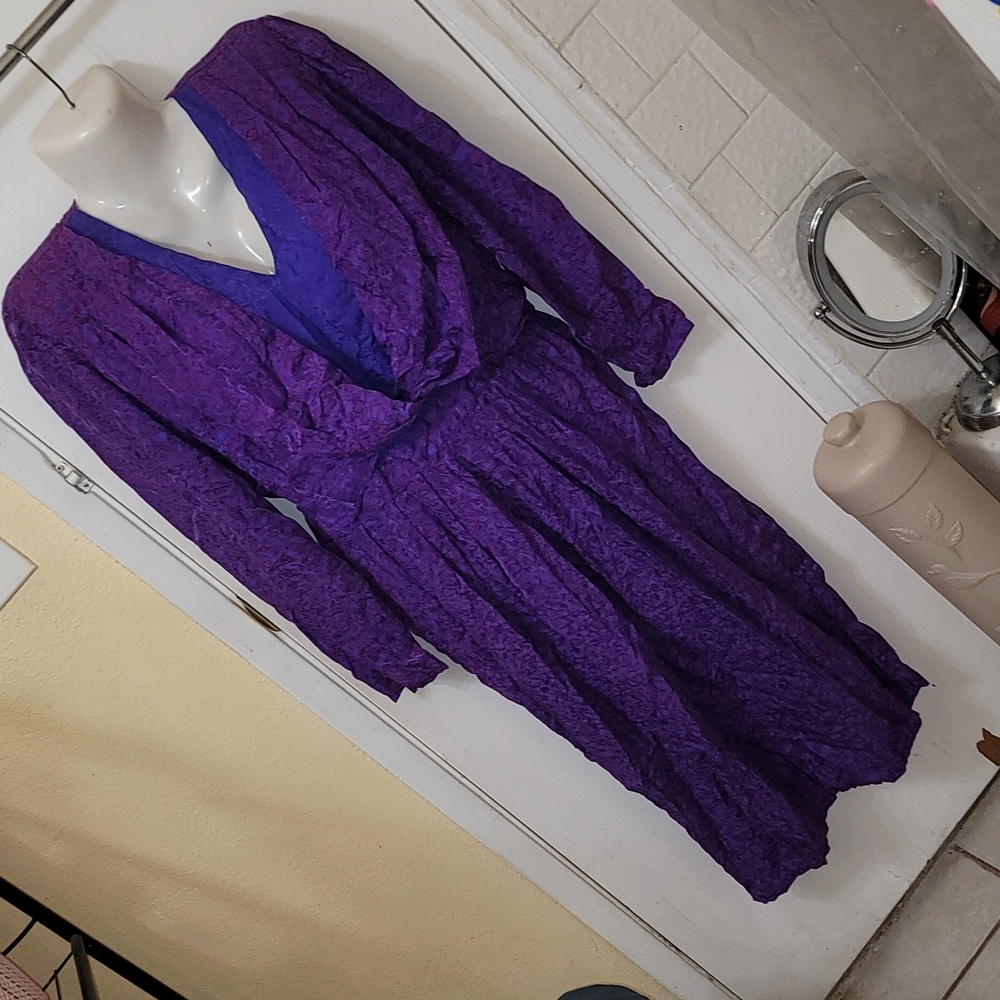 Nora Noh silk vintage dress midi purple long sleeve v-neck button down back